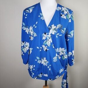 RW&CO Floral Wrap Blouse Shirt Womens Medium Flowy Tropical Office Work Career